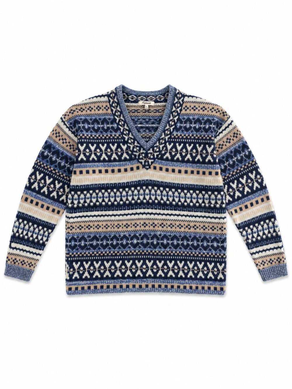 Madewell Blue and Tan V-Neck Nordic Patterned Sweater, Size Large